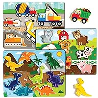 Large 3 Pk Wooden Toddler Puzzles Ages 2-4 | Wooden Puzzles for Toddlers 1-3 | Montessori Toys for 2 Year Old | Toddler Toys Age 2-4 | Learning Toys for 2+ Year Olds | Educational Toys | STEM