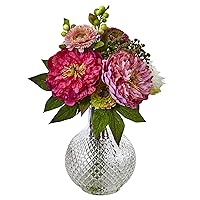 Nearly Natural Peony and Mum in Glass Vase
