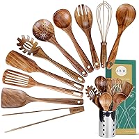Kitchen Utenails Set with Holder,Kitchen Wooden Utensils for Cooking, Wood Utensil Natural Teak Wood Spoons for Cooking,Wooden Kitchen Utensil Set With Spatula and Ladle (11)