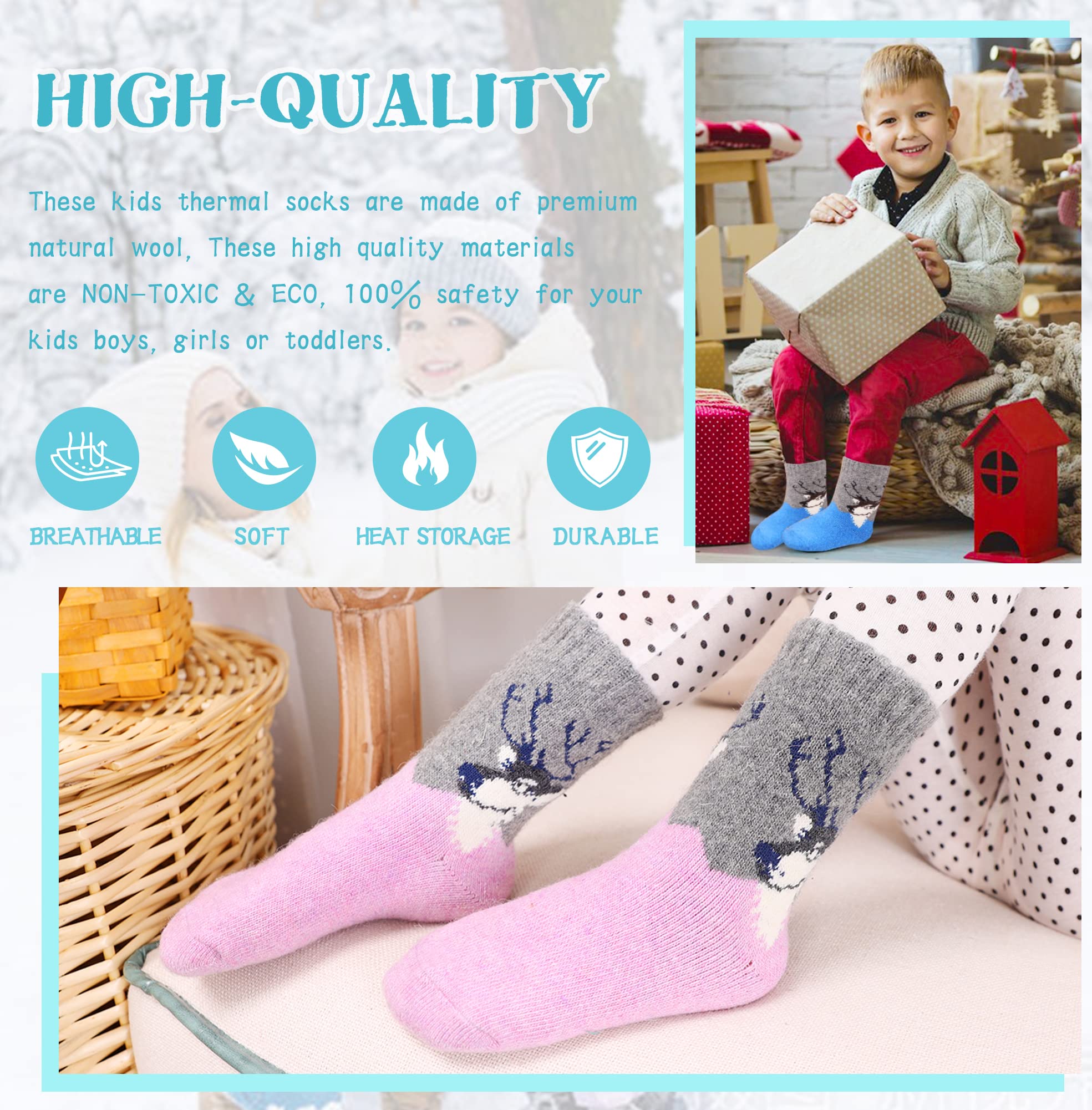 Eocom Kids Wool Socks Winter Warm Wool Hiking Thermal Thick Boot Cozy Crew Socks for Toddlers Boys Girls 6 Pairs