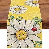 Spring Summer Daisy Flower Yellow Table Runner, Floral Eucalyptus Leaves Ladybug Kitchen Dining Table Decoration, Seasonal Burlap Indoor Outdoor Home Decor Party Supply 13 x 36 Inches