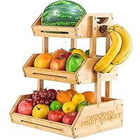 Wooden Fruit Basket 3 Tier, Kitchen Countertop Organizer, Tiered Fruit Display Stand, Home Counter Storage Baskets For Vegetable Bread Snack, Produce Fruits Bowl Holder, Bamboo Wood Fruit Basket Large