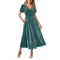 MEROKEETY Women's 2024 Short Sleeve V Neck Velvet Maxi Dress Long Flowy Wedding Guest Party Dresses