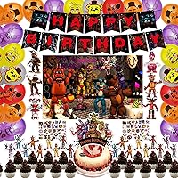 108pcs Five Nights Party Supplies Set - Include Happy Birthday Banner, Cake Topper, Background, Hanging Swirls, Cupcake Toppers, Balloons and Stickers, for Kids Birthday Decorations