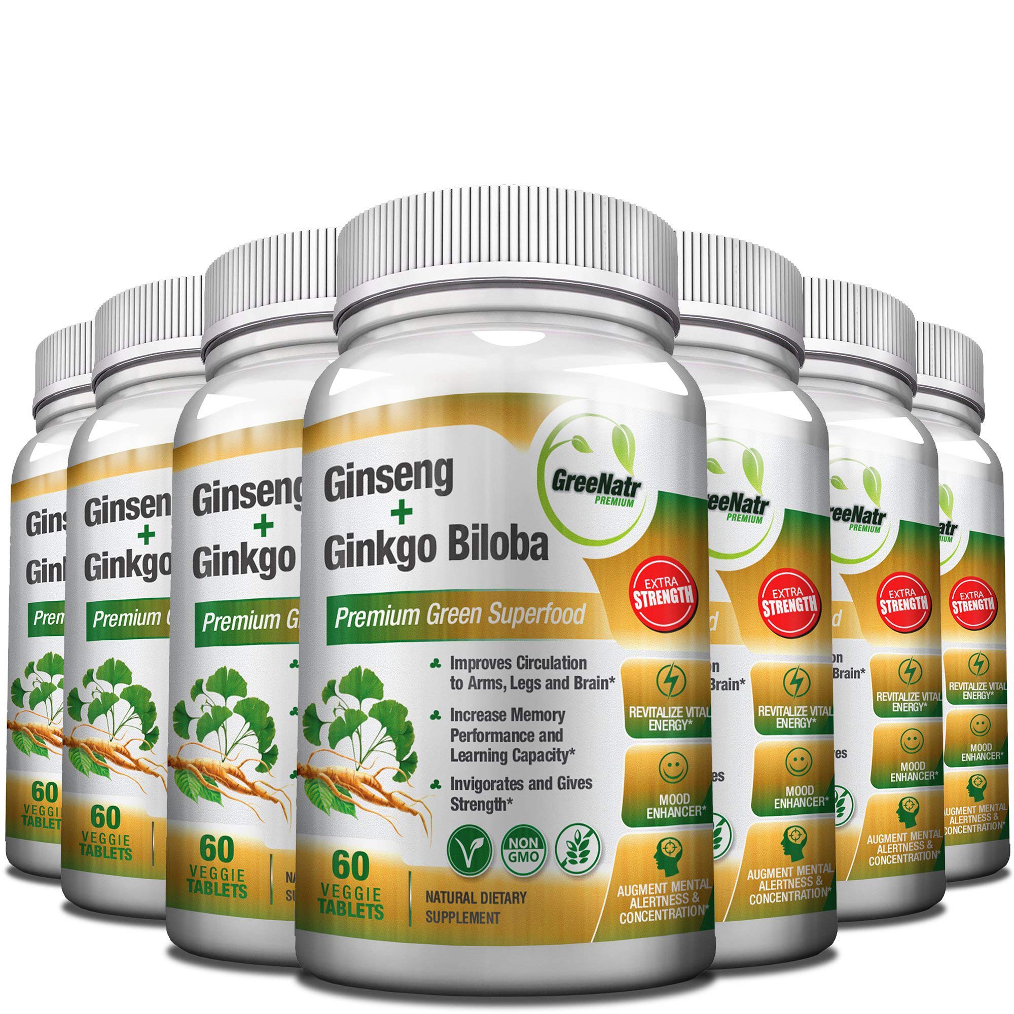 Panax Ginseng + Ginkgo Biloba Tablets – Premium Non-GMO/Veggie Superfood – Traditional Energy Booster and Brain Sharpener – Unique Twin Supplement ...