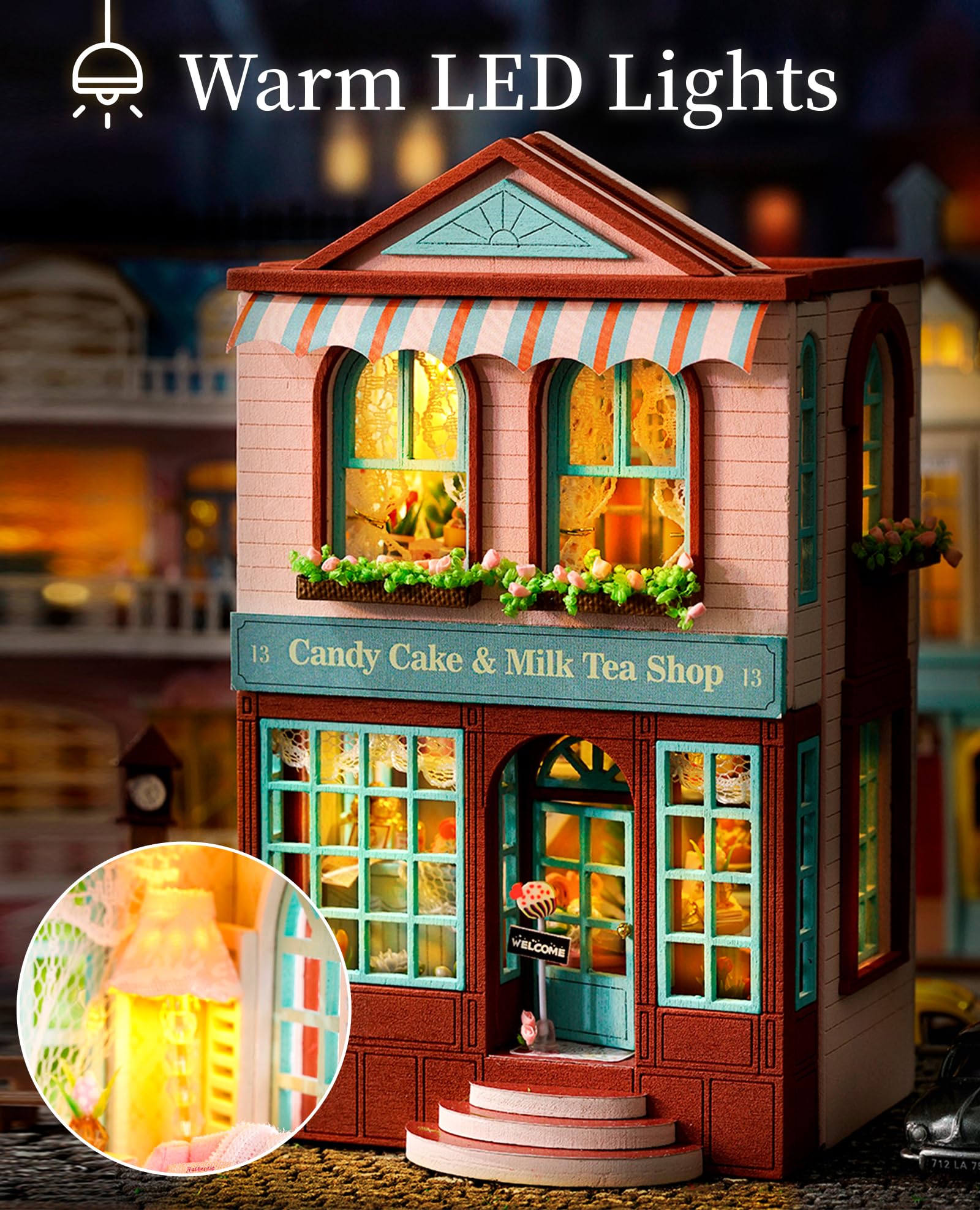 CUTEBEE Dollhouse Miniature with Furniture, DIY Wooden Dollhouse Kit Plus Dust Proof, Creative Room Idea(Forest Tea Shop)(Starry Star Dessert Cottage)