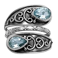 925 Sterling Silver Pear Shape Blue Topaz Gemstone Three Shank Bypass Dual Stone Ring