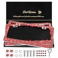 2 Pack Bling License Plate Frames for Women, Sparkly Rhinestone Diamond Car Accessories for Women, Handcrafted Stainless Steel Car License Plate Cover with Glitter Crystal Caps (Red)