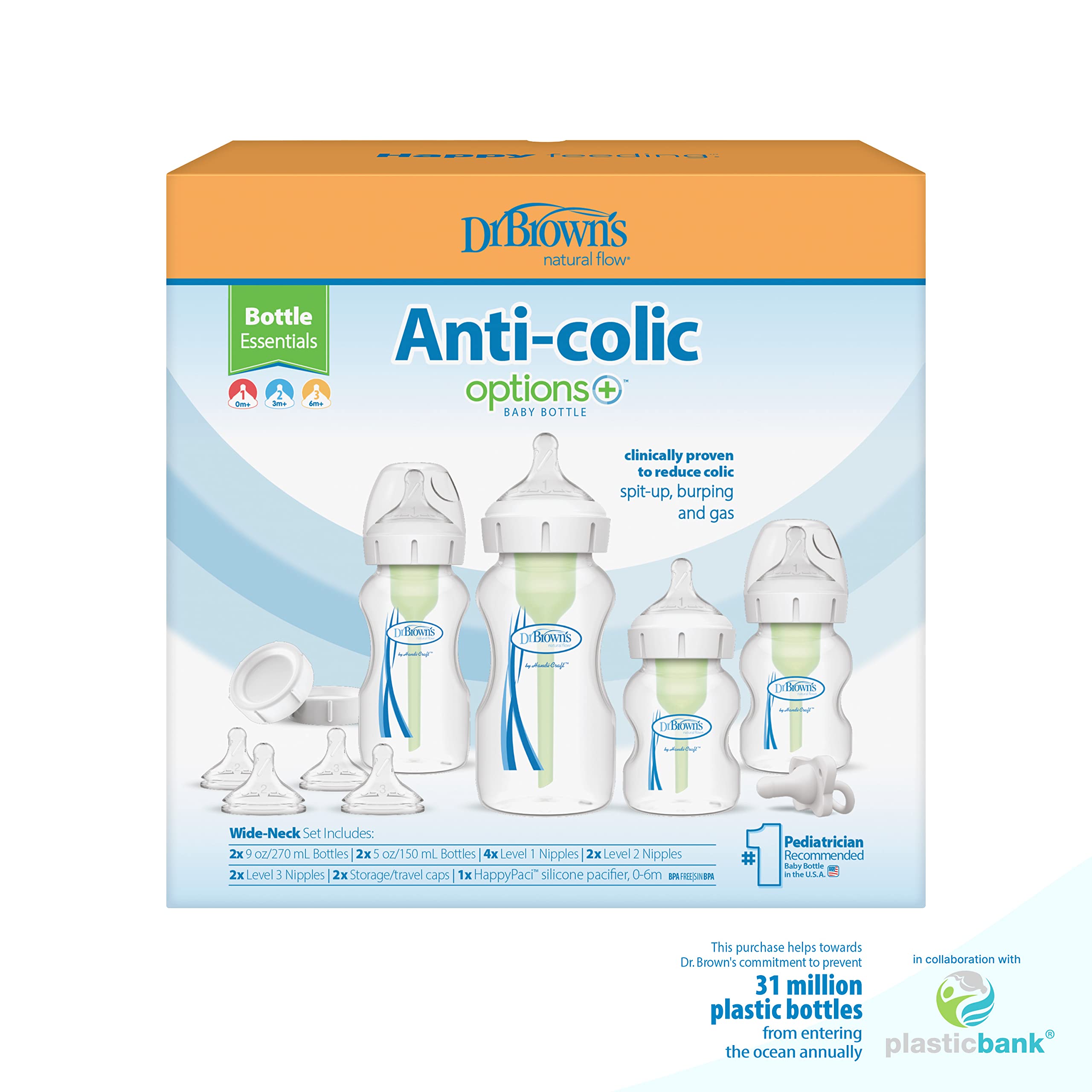 Dr. Brown’s Natural Flow® Anti-Colic Options+™ Wide-Neck Bottle Essentials Gift Set with Breast-Like Nipple, 100% Silicone HappyPaci™ Pacifier and Baby Bottle Travel Caps