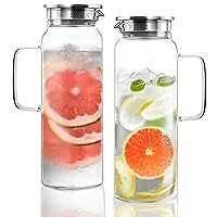 Set of 2 Glass Pitcher with Lid,2 Quart (64 oz / 1.9 Liter) Leak Proof,Glass Water Jugs, BPA-Free,Microwave & Dishwasher Safe Pitcher,Sun & Iced Tea, Sangria,Cold Brew Coffee & More