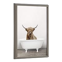 Kate and Laurel Blake Highland Cow in Tub Color Framed Printed Glass Wall Art by Amy Peterson Art Studio, 18x24 Gray, Farmhouse Inspired Animal Art for Wall