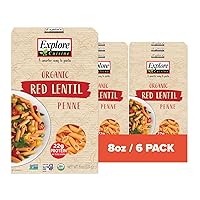 EXPLORE CUISINE Organic Red Lentil Penne - High Protein, Gluten Free Pasta, Easy to Make - Organic, Non GMO - 24 Total Servings, 8 Ounce (Pack of 6)