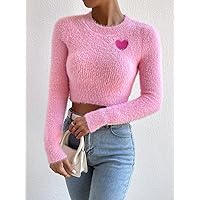 Women's Sweater Heart Pattern Fuzzy Crop Sweater Sweater for Women (Color : Pink, Size : Small)