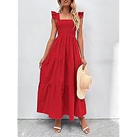 Women's Dress Dresses for Women Shirred Bodice Ruffle Hem Dress Dresses for Women (Color : Red, Size : Large)
