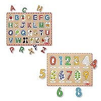 Melissa & Doug Wooden Lift & See Peg Puzzle Early Learning 2-Pack for Girls and Boys – Alphabet, Numbers