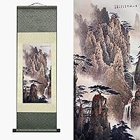 AtfArt Asian Wall Decor Beautiful Silk Scroll Painting Waterfall River Landscape Painting - Autumn in Huangshan Landscape Mountain Oriental Decor Chinese Wall Hanging Painting (36.2 x 12 in)