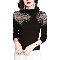 Women's Knit Tops Mock Neck Long Sleeve Rhinestone Hollow Out Patchwork Blouses Elegant Work Shirts