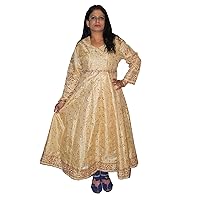 Indian Women Artificial Silk Golden Color Animal Print Summer Long Dress Casual Plus Size