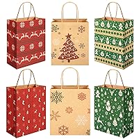 24pcs Christmas Gift Bags with Handle, Christmas Kraft Paper Wrapping Bags Bulk Christmas Trees Snowflakes Reindeer Christmas Pattern Bags for Christmas Gifts Wrapping Holiday Party Favors