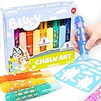 Official Bluey Chalk Art, 5-Pack, Vibrant Sidewalk Chalk For Kids, Includes 5 Chalks, Chalk Holders & Reusable Stencil, Outside Toys for Toddlers 1-3, Bluey Birthday Party Supplies, Bluey Toys