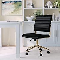 Martha Stewart Ivy Armless Swivel Task Chair for Home Office in Black Faux Leather with Polished Brass Frame