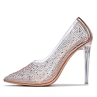 Cape Robbin Giulia Clear Stiletto High Heels for Women - Women's Transparent Sexy Pumps - Pointed Toe Slip On Sexy Shoes with Faux Rhinestone