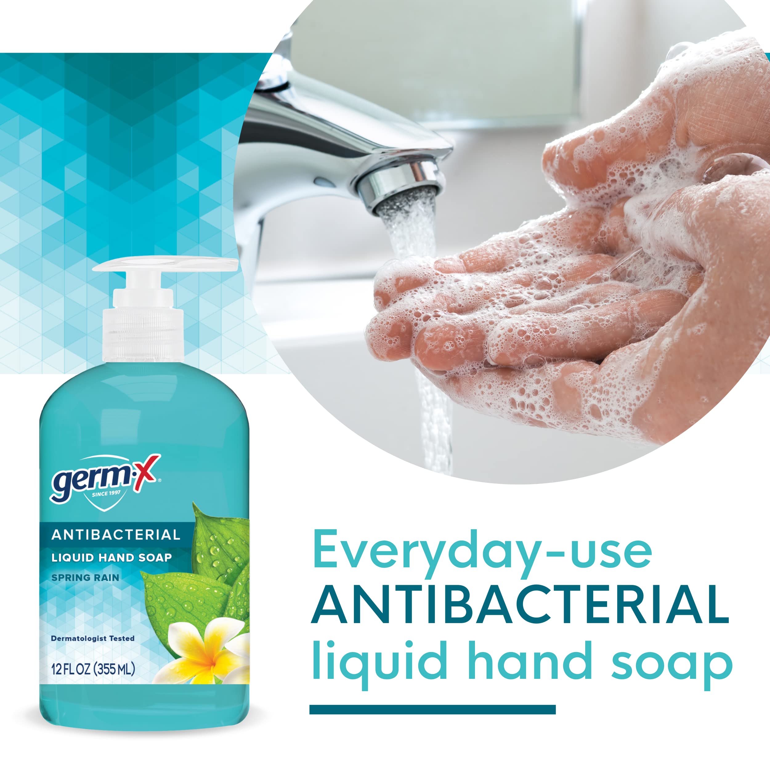 Germ-X Antibacterial Hand Soap, Moisturizing Liquid Hand Wash for Kitchen or Bathroom, pH Balanced & Dermatologist Tested, Back to School Supplies, Spring Rain, 12 oz Pump Bottle (Pack of 4)