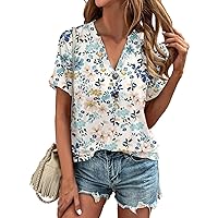 Womens Blouse Flower Printing Women's Short Sleeved T-Shirt Summer Button V-Neck Top Loose T-Shirt Top