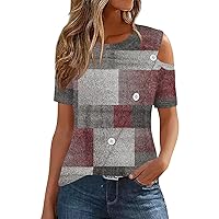 Cold Shoulder Tops for Women, Summer 2024 T Shirts Button Crew Neck Casual, S XXXL