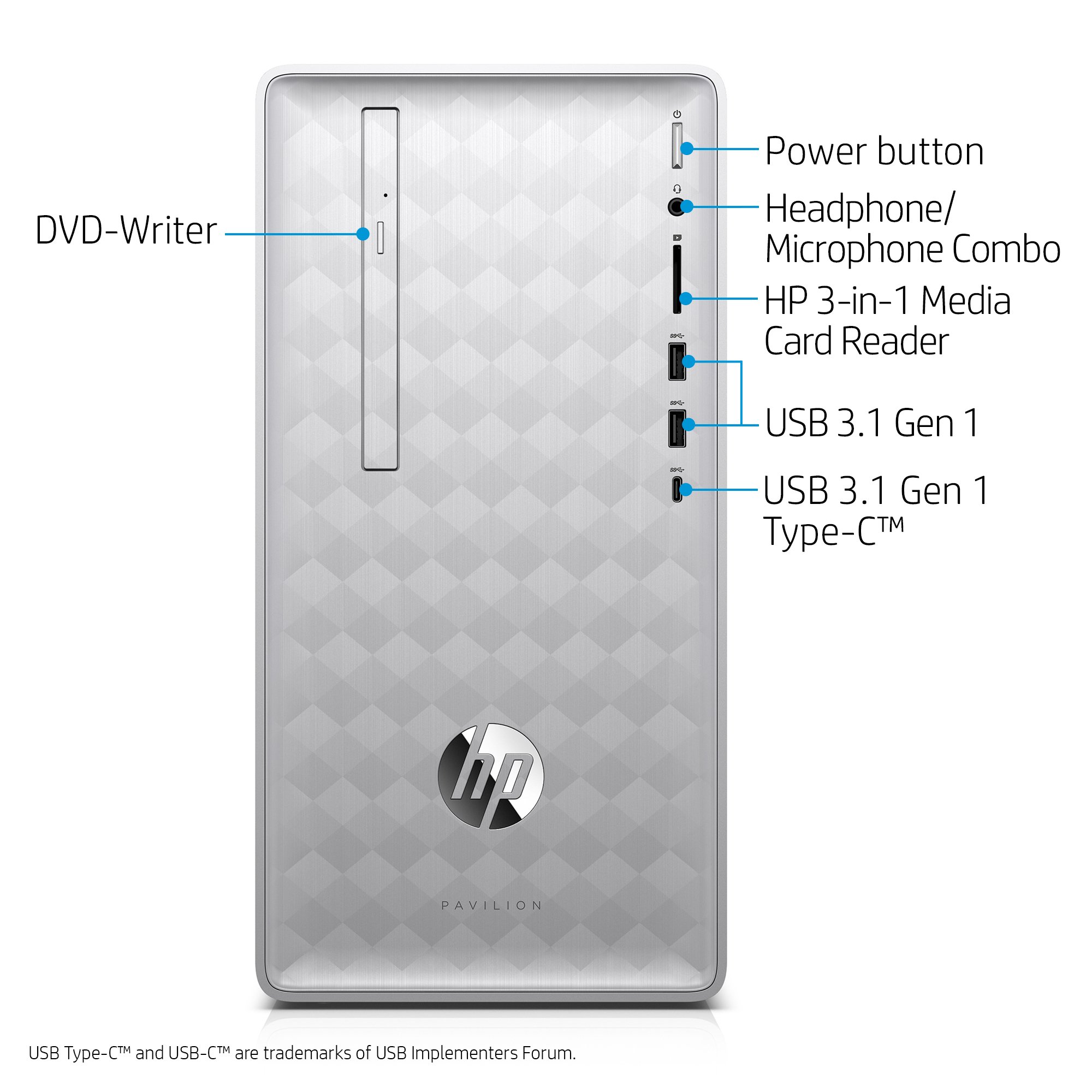 HP Pavilion Desktop Computer, Intel Core i3-8100, 8GB RAM, 1TB hard drive, Windows 10 (590-p0030, Silver)
