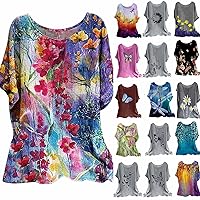 Linen Shirts for Women, Summer Trendy Short Sleeve Casual Flowers Print Tunic Tops Comfy Soft Crewneck Flowy Blouses