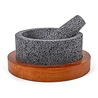 Genuine Handmade Mexican Mortar and Pestle with Wooden Base, Molcajete de Piedra Natural, Volcanic Stone, Heavy & Durable, Perfect for Homemade Salsas, Guacamole Made in Mexico (8 Inches)