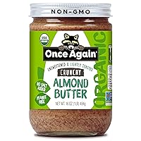Once Again Organic Crunchy Almond Butter, 16oz - Lightly Toasted - Salt Free, Unsweetened - USDA Organic, Gluten Free Certified, Peanut Free, Vegan, Kosher, Paleo - Glass Jar