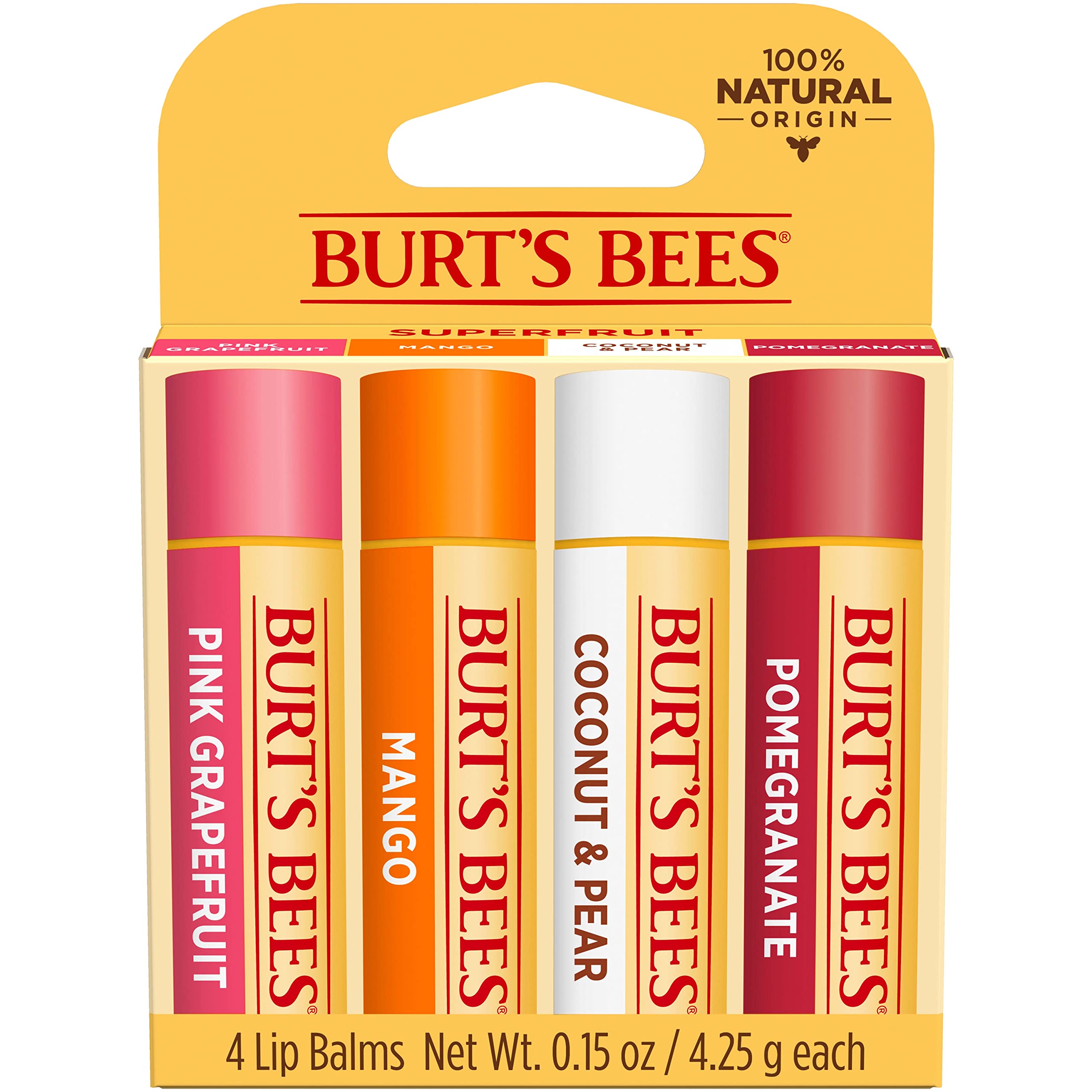 Mua Burt's Bees Lip Balm, Moisturizing Lip Care, 100% Natural, SuperFruit -  Pomegranate, Coconut & Pear, Mango, Pink Grapefruit (4 Pack) trên Amazon Mỹ  chính hãng 2023 | Fado