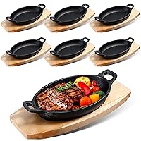 6 Sets Mini Cast Iron Skillets,oval Fajita Plates with Wooden Base Dish Tray Serving Sizzling Plate for Baking Roasting Cooking Grilling Appetizer (8.5x6.1x1.7 In)