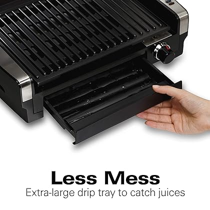 Hamilton Beach Electric Indoor Searing Grill with Adjustable Temperature Control to 450F, Removable Nonstick Grate, 118 sq. in. Surface Serves 6, Stainless Steel
