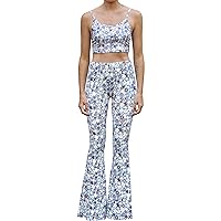 Daisy Del Sol Women's Two Piece Crop Top Cami High Waist Stretch Bell Bottom Flare Pants Boho Yoga Loungewear Set