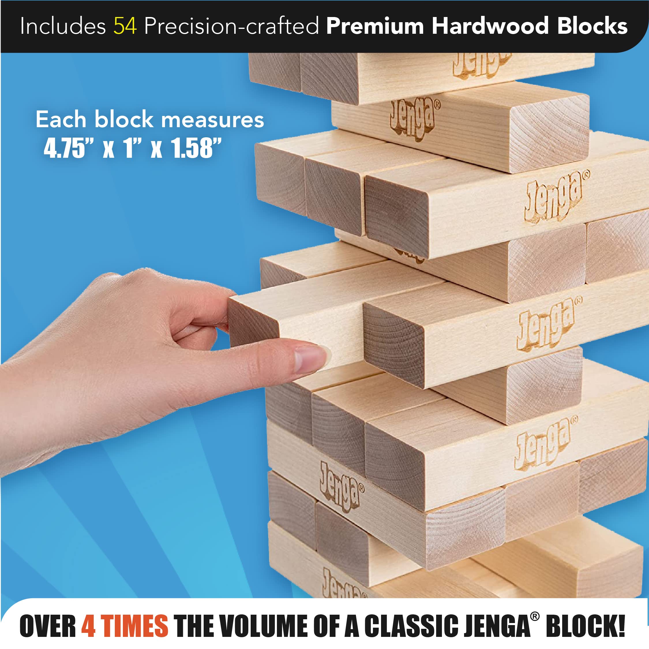 Jenga Official Giant JS4 - Oversized Stacks to Over 3 Feet in Play, Includes Heavy-Duty Carry Bag, Premium Splinter Resistant Hardwood Blocks, Precision-Crafted Trusted Brand Game