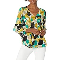 Calvin Klein Women's Printed V Neck Blouse with Ruffle Sleeves