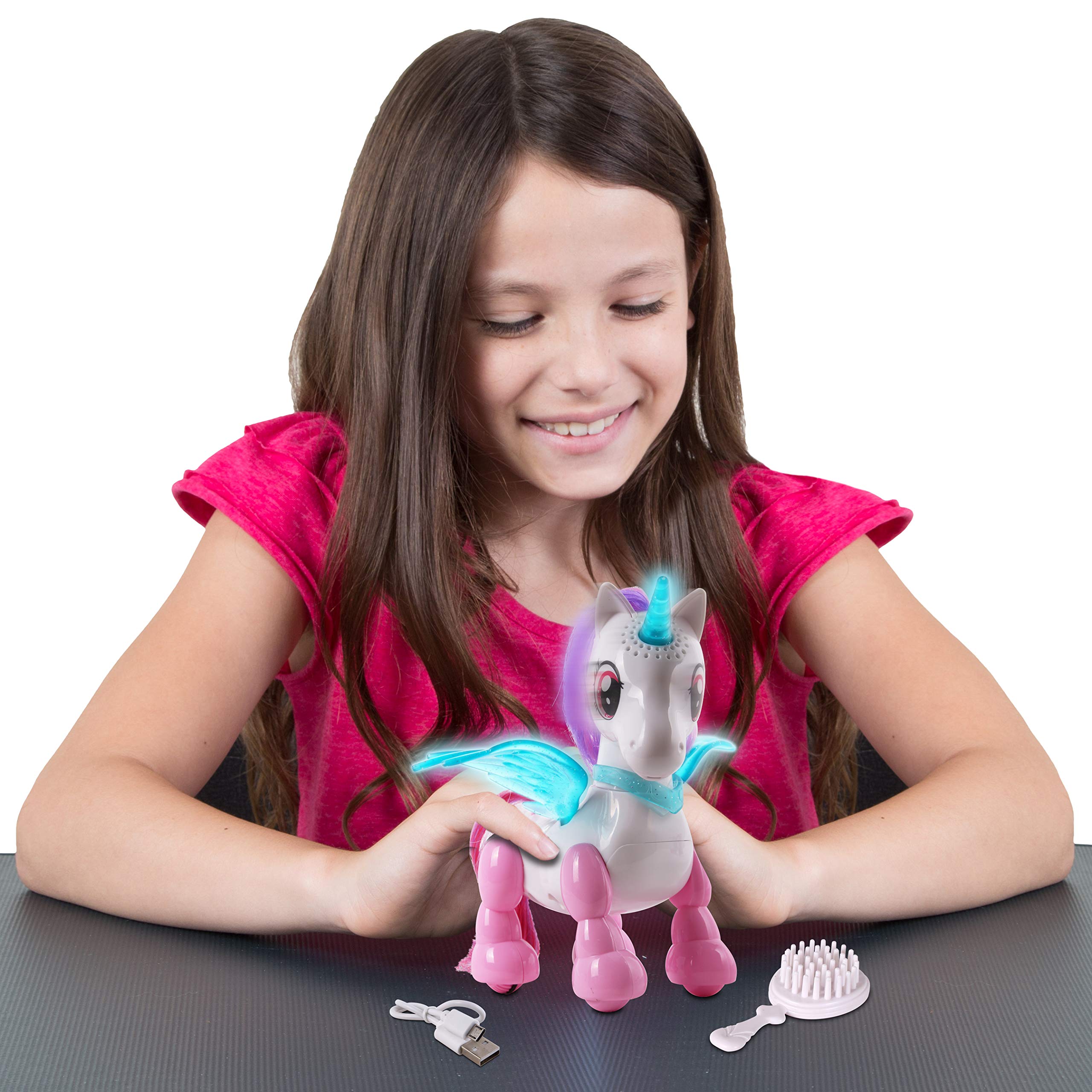 NKOK USB PetBotz - Robo Unicorn, Rechargeable, Miniature, Interactive pet Robot, Lights up, Sound Activated, Makes Noises on Command, Comes with Necklace and Hair Brush, USB Charger Included