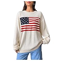 GORGLITTER Women's American Flag Graphic Long Sleeve Sweater Knit Round Neck Pullover Top