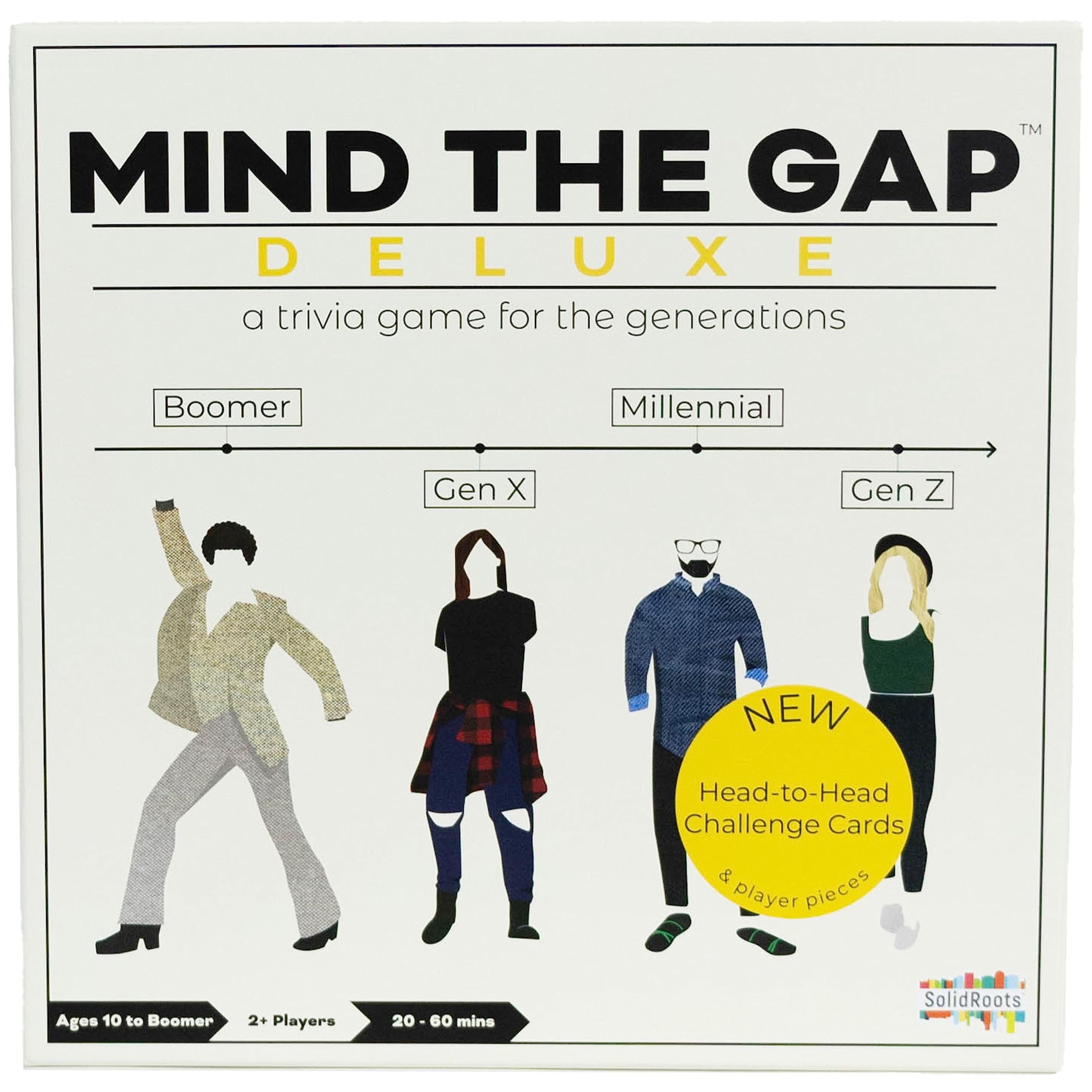 Solid Roots Mind The Gap Deluxe - A Trivia Board Game for The Generations Gen Z Millennial Gen X Boomer Family Games- Games for Adults & Kids 10+