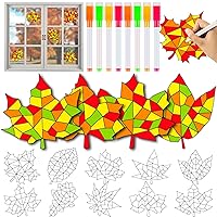 30pcs Thanksgiving Fall Maple Leaves Suncatchers Crafts Kit for Kids, DIY Fall Arts Crafts Coloring Autumn Window Clings Stickers with 8 Painting Markers for Home Classroom Party Decorations