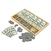 Play Money Set - Educational Toy With Paper Bills and Plastic Coins (50 of each denomination) and Wooden Cash Drawer for Storage