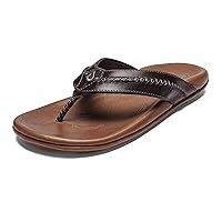 OLUKAI Mea Ola Men's Beach Sandals, Premium Leather Flip-Flop Slides, Compression Molded Footbed & Comfort Fit, Laser-Etched Design