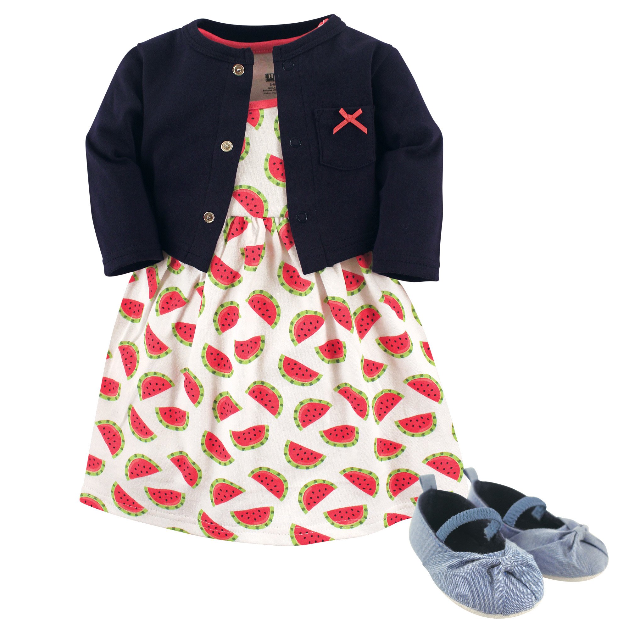 Hudson Baby baby-girls Cotton Dress, Cardigan and Shoe Set