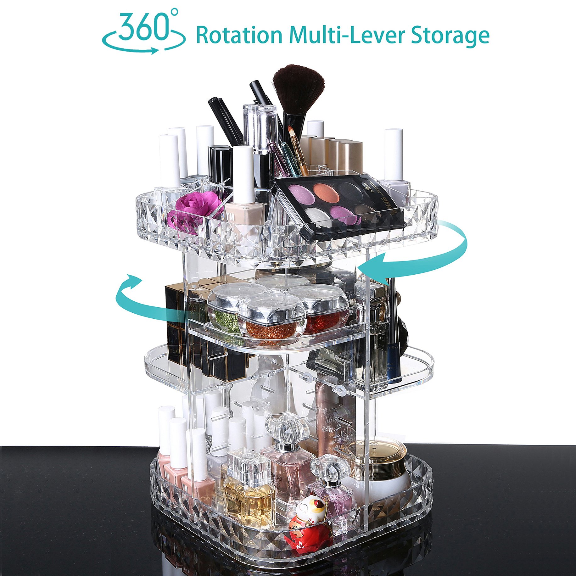 Makeup Organizer 360-Degree Rotating Cosmetic Storage Box, DIY Adjustable Large Capacity Cosmetics Display Case Square Makeup Shelf with Diamond Pattern