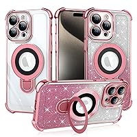 ZIYE Magnetic Case for iPhone 15 Pro Max with Kickstand [Compatible with MagSafe] with Camera Lens Protector & Raised Reinforced Corners, Glitter Luxury Plating Cute Bling Case for Women 6.7