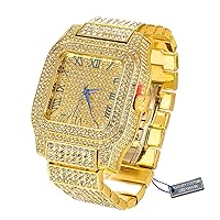 Halukakah Premium Diamond Gold Watch for Men - 18k Real Gold/Platinum White Gold Plated,Basic Waterproof,Roman Numerals Square Dial,200G Heavy-Made,3-Sides Iced Out,9.5