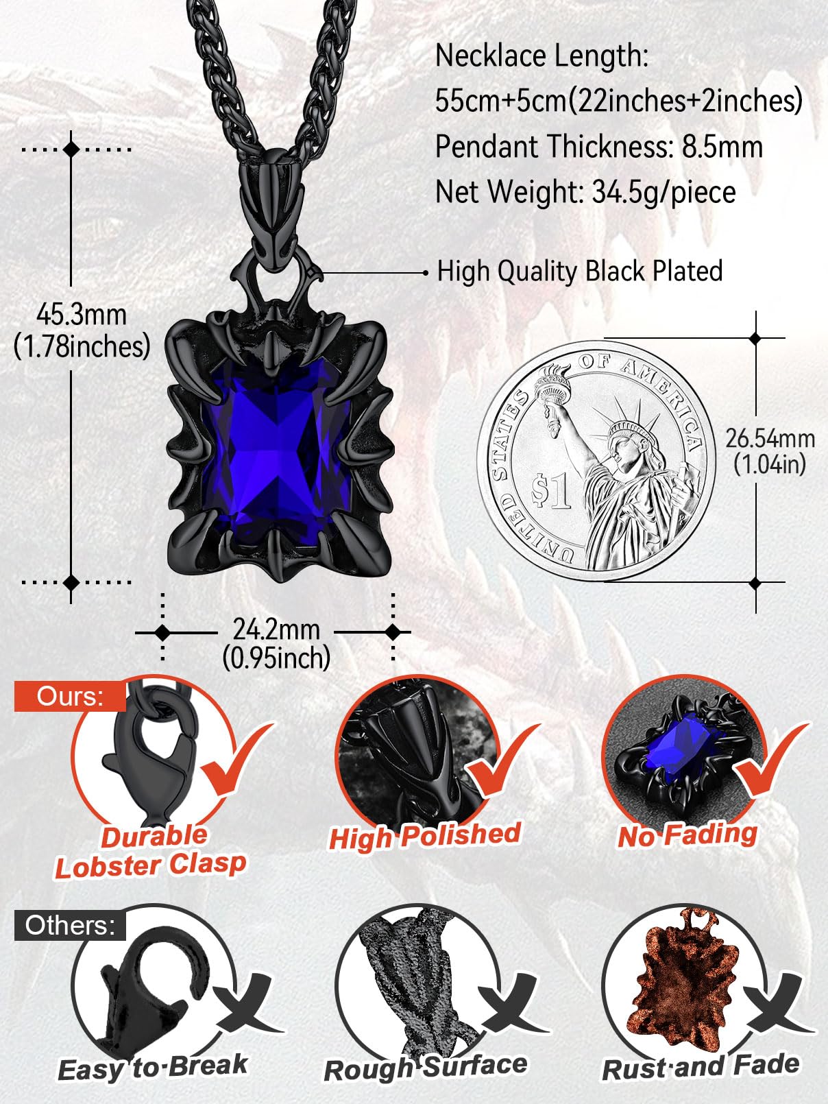FaithHeart Gothic Dragon Claw Necklace for Men, Punk Biker Stainless Steel Amulet Pendant with Black/Red/Green/Blue Gemstone, Gift Box
